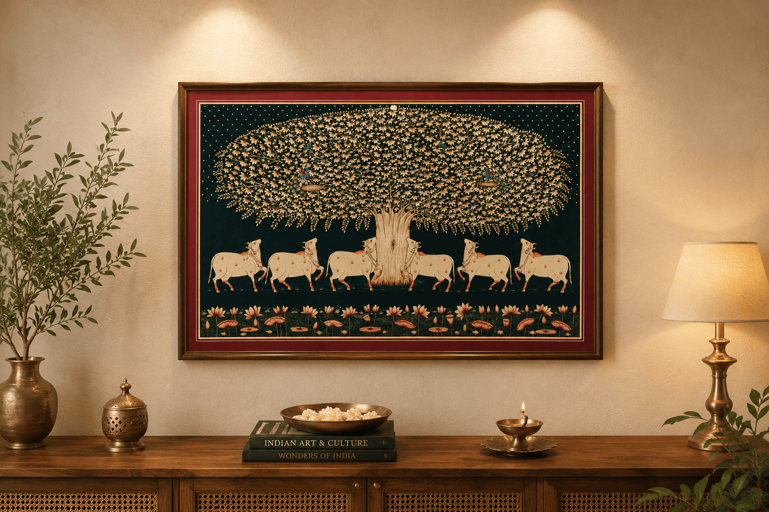 Pichwai Painting of Cows Under Kadamba Tree with Peacocks & Lotus Pond | Handmade
